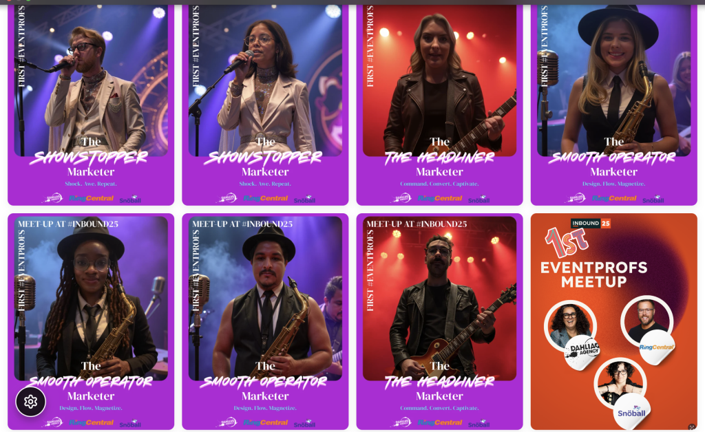 Social wall displaying EventProfs engaging with the Event Marketer Vibe Quiz integration at INBOUND. Attendees’ AI-generated event marketing personas and shared results are shown, highlighting participant interaction and engagement.