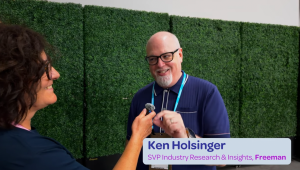 Rachel Stephan interviewing Ken Holsinger at IMEX 2025 about data-driven event experiences, trust, and attendee retention.