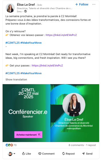 Élise Le Dref promoting her upcoming talk at C2 Montréal 2025 on LinkedIn, demonstrating how speakers amplify event reach and engagement through peer-to-peer sharing powered by Snöball.
